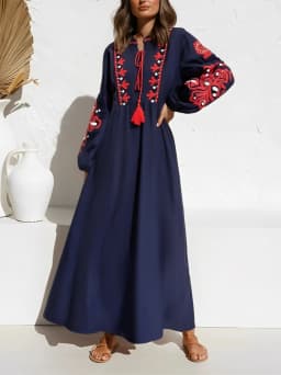 Vintage Chic Women Floral Emberoidery O-neck Lantern Sleeve Beach Bohemian Maxi Dresses Ladies Summer  Boho Dress Vestidos