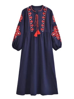 Vintage Chic Women Floral Emberoidery O-neck Lantern Sleeve Beach Bohemian Maxi Dresses Ladies Summer  Boho Dress Vestidos