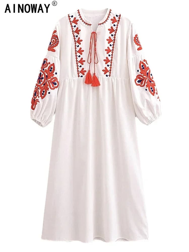 Vintage Chic Women Floral Emberoidery O-neck Lantern Sleeve Beach Bohemian Maxi Dresses Ladies Summer  Boho Dress Vestidos