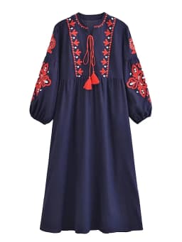 Vintage Chic Women Floral Emberoidery O-neck Lantern Sleeve Beach Bohemian Maxi Dresses Ladies Summer  Boho Dress Vestidos