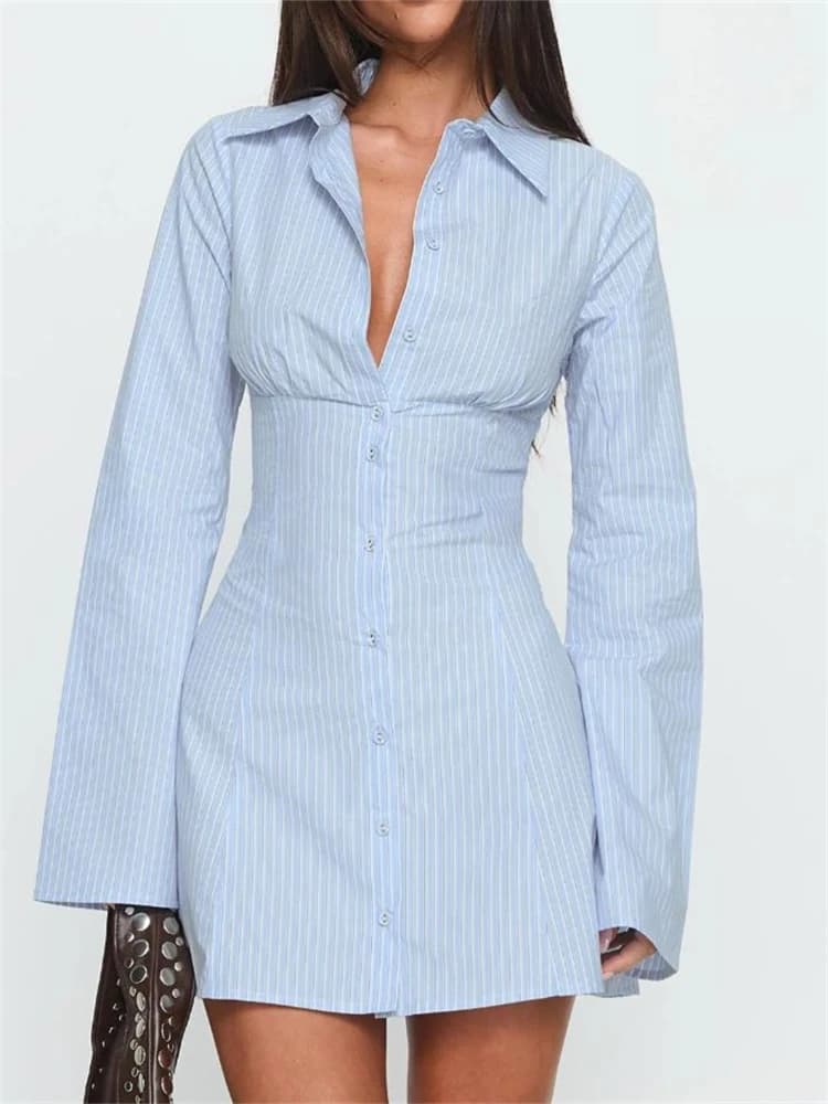 Summer Women's Y2K Shirt Dress Slimming Waist Short Skirt Mini Dress High Waistline Flirty Style Full Sleeve Regular Collar