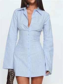 Summer Women's Y2K Shirt Dress Slimming Waist Short Skirt Mini Dress High Waistline Flirty Style Full Sleeve Regular Collar