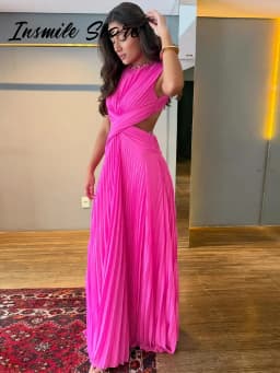 Sexy Hollow Out Long Party Dress Women Pleated Sleeveless Backless A-line Beach Dresses 2026 Summer Lady Chic Solid Holiday Robe