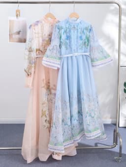 Floral Print Women Dress Button Down Mock Neck Maxi Dresses Long Lantern Sleeve A-Line Waist Belt Flared Hem Elegant Streetwear
