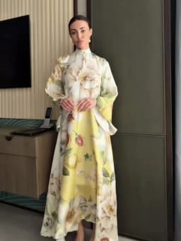 Floral Print Women Dress Button Down Mock Neck Maxi Dresses Long Lantern Sleeve A-Line Waist Belt Flared Hem Elegant Streetwear