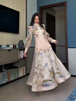 Floral Print Women Dress Button Down Mock Neck Maxi Dresses Long Lantern Sleeve A-Line Waist Belt Flared Hem Elegant Streetwear