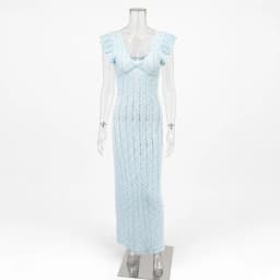 Tossy Ruffled Hollow Out Knit Long Dress Women V-Neck Fashion Patchwork See-Through Beach Holiday Dress Knitwear Female Dress