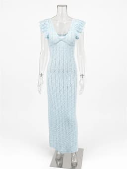 Tossy Ruffled Hollow Out Knit Long Dress Women V-Neck Fashion Patchwork See-Through Beach Holiday Dress Knitwear Female Dress