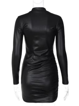 Sexy Imitation Leather Folds Slim Bodycon Dress Women Soild Color Long Sleeves Skinny Mini Dress Elegant Club Party Vestidos