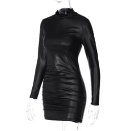 Sexy Imitation Leather Folds Slim Bodycon Dress Women Soild Color Long Sleeves Skinny Mini Dress Elegant Club Party Vestidos