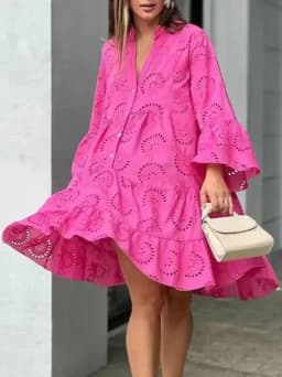 Customizable Summer Loose Vintage Solid Lace Dress Fashion V-neck Flare Sleeve Embroidery Dress