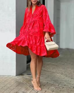 Customizable Summer Loose Vintage Solid Lace Dress Fashion V-neck Flare Sleeve Embroidery Dress