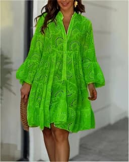 Customizable Summer Loose Vintage Solid Lace Dress Fashion V-neck Flare Sleeve Embroidery Dress