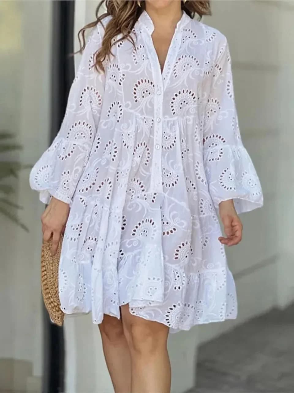 Customizable Summer Loose Vintage Solid Lace Dress Fashion V-neck Flare Sleeve Embroidery Dress