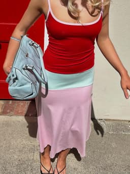 Absobe Women Color Block Cami Long Dress Spaghetti Strap High Waist A Line Swing Maxi Dress Summer Vacation Beach Casual Outfit