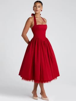 Mozision Halter Backless A-line Club Midi Dress Women Fashion Elegant Square Collar Sleeveless High Waist Party Pleated Dress