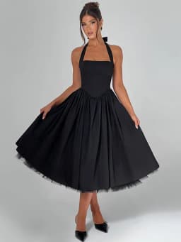 Mozision Halter Backless A-line Club Midi Dress Women Fashion Elegant Square Collar Sleeveless High Waist Party Pleated Dress