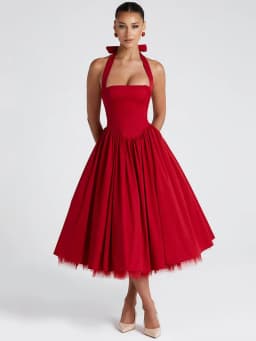 Mozision Halter Backless A-line Club Midi Dress Women Fashion Elegant Square Collar Sleeveless High Waist Party Pleated Dress