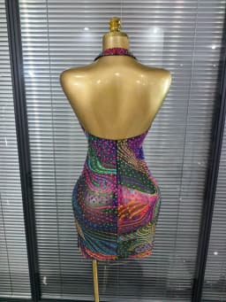 Blue Color Women Sexy Halter Backless Shinning Chain Bodycon Mini Dress Celebrate Nightclub Party Performance Costume Stage Wear