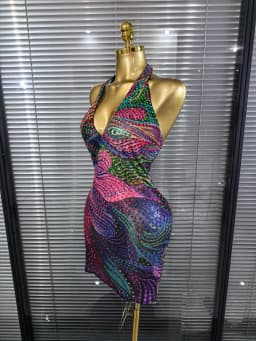 Blue Color Women Sexy Halter Backless Shinning Chain Bodycon Mini Dress Celebrate Nightclub Party Performance Costume Stage Wear
