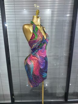 Blue Color Women Sexy Halter Backless Shinning Chain Bodycon Mini Dress Celebrate Nightclub Party Performance Costume Stage Wear