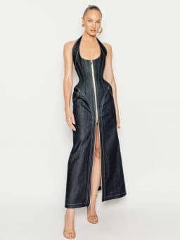 2025 New Women Celebrity Sexy Backless Halter Blue Zipper Denim Maxi Long Gowns Dress Elegant Evening Party Club Vestido