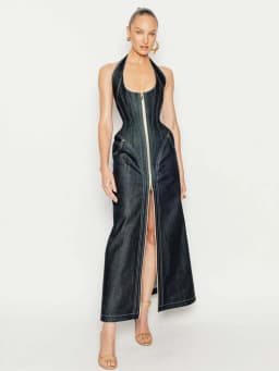 2025 New Women Celebrity Sexy Backless Halter Blue Zipper Denim Maxi Long Gowns Dress Elegant Evening Party Club Vestido