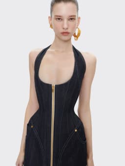 2025 New Women Celebrity Sexy Backless Halter Blue Zipper Denim Maxi Long Gowns Dress Elegant Evening Party Club Vestido