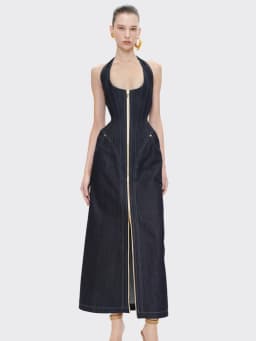 2025 New Women Celebrity Sexy Backless Halter Blue Zipper Denim Maxi Long Gowns Dress Elegant Evening Party Club Vestido
