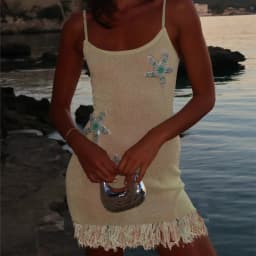 Women Y2k Beaded Starfish Knit Bodycon Mini Dress Sexy Sequin Spaghetti Strap Tassel Hem Scoop Neck Slim Beach Party Cami Dress
