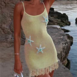 Women Y2k Beaded Starfish Knit Bodycon Mini Dress Sexy Sequin Spaghetti Strap Tassel Hem Scoop Neck Slim Beach Party Cami Dress
