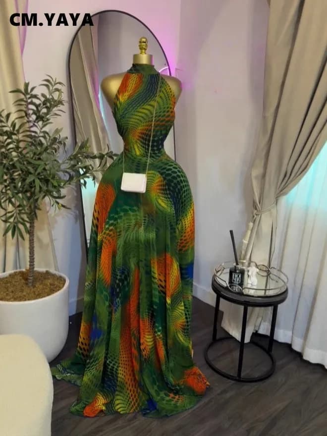 CM.YAYA 2026 Fall Women O-neck Sleeveless Print Mermaid Long Maxi Dress Cocktail Evening Birthday Beach Sexy Night Party Dresses