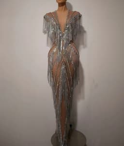 Women Sexy Mesh Sparkly Rhinestone Tassels Stretch Long Dress Evening Nightclub Singer Dance Stage Costume Luxury Birthday Gowns