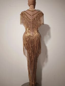Women Sexy Mesh Sparkly Rhinestone Tassels Stretch Long Dress Evening Nightclub Singer Dance Stage Costume Luxury Birthday Gowns