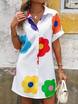2025 New Summer Everyday Casual Women's Short Sleeve Shirt Dress  Sweet Fashion Single-breasted Dress Floral Print Elegant Dress