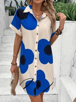 2025 New Summer Everyday Casual Women's Short Sleeve Shirt Dress  Sweet Fashion Single-breasted Dress Floral Print Elegant Dress