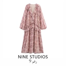 Loose V-neck Printed Maxi Dress Layered Decoration Women's Fashion Spring Summer Long Skirt Elegant Style Regular Sleeve