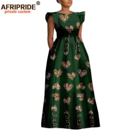 African Dresses for Women Dashiki Print Ankara Short Sleeve O-neck Floor Length Women A-Line Wax Cotton Dress AFRIPRIDE A1825017