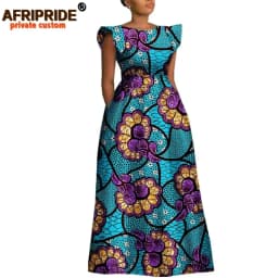 African Dresses for Women Dashiki Print Ankara Short Sleeve O-neck Floor Length Women A-Line Wax Cotton Dress AFRIPRIDE A1825017