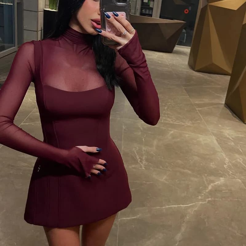 DSMTRC Mesh Patchwork Mini Dress For Women Party Elegant Evening Vestidos Fashion Lace Long Sleeve Turtleneck Slim Short Dresses