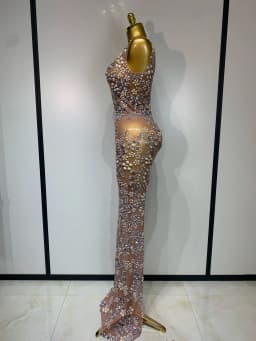 Women Lxury Diamonds Mesh See Through Long Dress Celebrity Elegant Evening Party Fancy Club Dress Singer Performance Costume