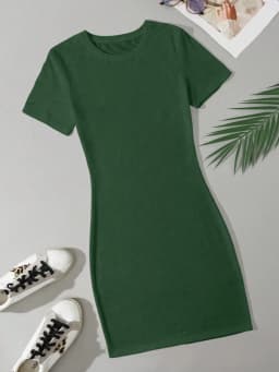 Summer Women's Fashion Simple Green Solid Color Casual Slim Fit Short Sleeve Round Neck Short Mini Dress 2024 New