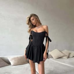 Sexy Fish Bone Waist Cinching Dress Women's Slim Solid Lace Up Square Collar Pleated Dresses Summer Lady Fashion Robes