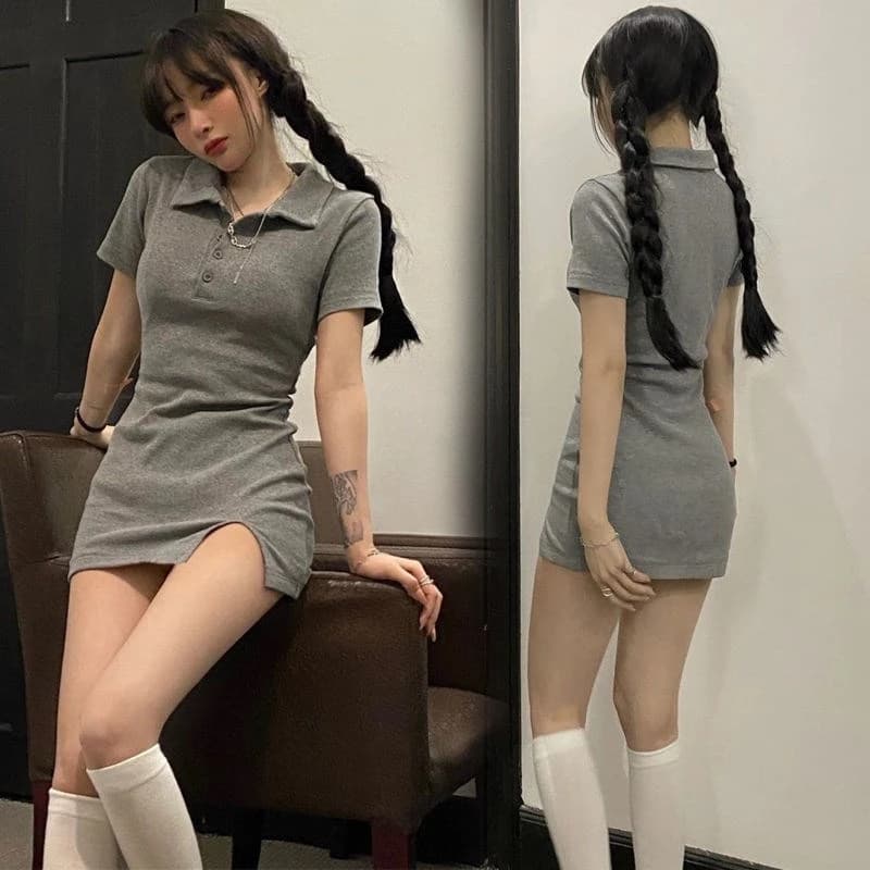 Collar Short Sleeve Slimming Sexy Korean Style High Waist A-Line Dress with Slit for Young Women Summer Fashion