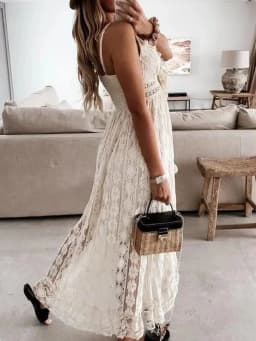 Summer Fashion Sexy Beach Vacation Long Dress Lace Sleeveless Women Dress V Neck Hollow Out Elegant Loose Dresses