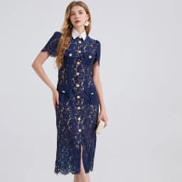 Women's French-Style Elegant Dress - Noble Fashion, Lace with Contrast Collar, Drawstrings, 3D Pockets, Bodycon Fit 2025 Summer