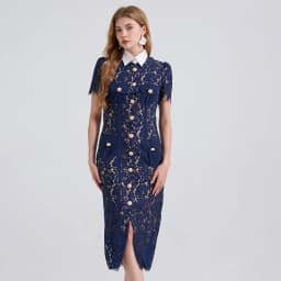 Women's French-Style Elegant Dress - Noble Fashion, Lace with Contrast Collar, Drawstrings, 3D Pockets, Bodycon Fit 2025 Summer