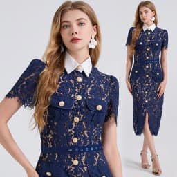 Women's French-Style Elegant Dress - Noble Fashion, Lace with Contrast Collar, Drawstrings, 3D Pockets, Bodycon Fit 2025 Summer