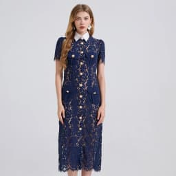 Women's French-Style Elegant Dress - Noble Fashion, Lace with Contrast Collar, Drawstrings, 3D Pockets, Bodycon Fit 2025 Summer