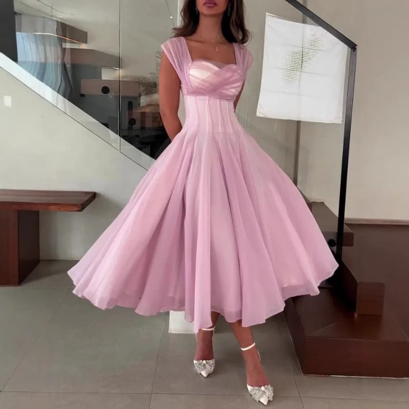 Women's Elegant Tulle Formal Dress Summer Sexy Square Neck Corset Waist A-Line Tea-Length Gown for Wedding Cocktail Party
